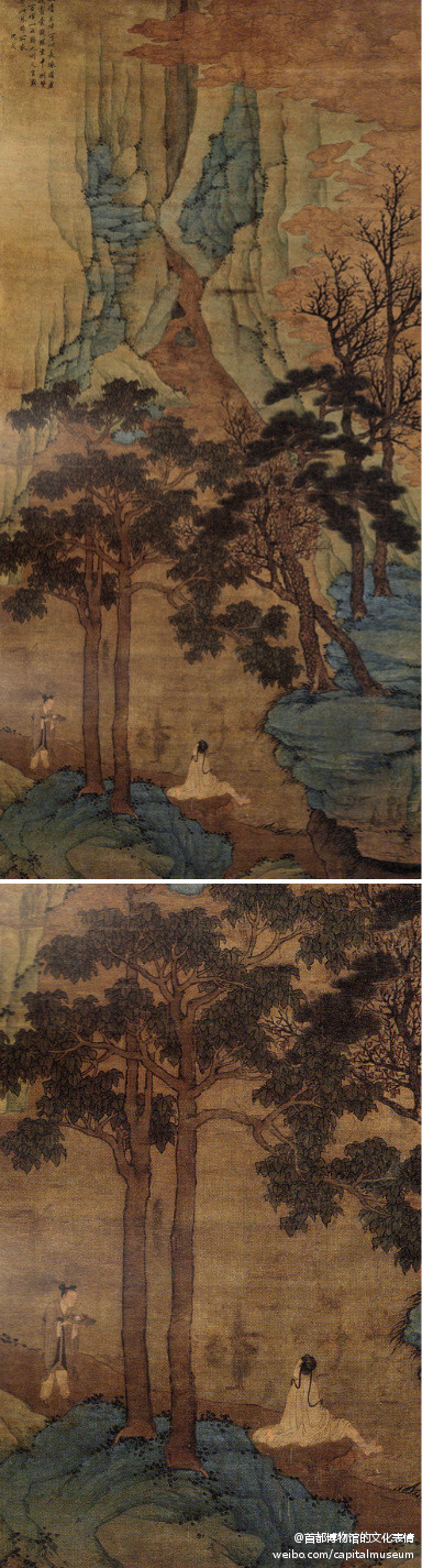 #北京文物精粹大系•绘画卷# 桐荫濯足图轴：明，沈周。绢本设色，纵199厘米，横97.5厘米，首都博物馆藏。沈周（1427-1509），字启南，号石田，自称白石翁，江苏苏州人。明代吴门画派创始人，与文征明、唐寅、仇英并…