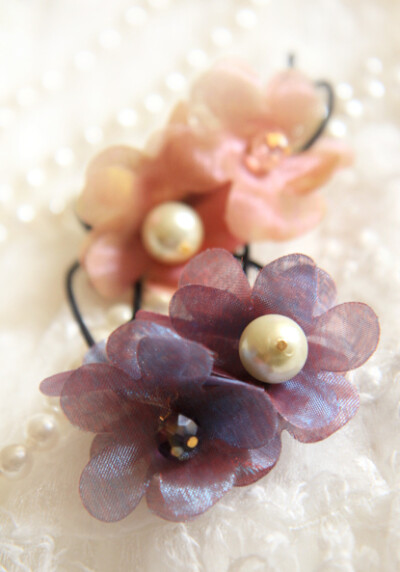 727柔美雪纺花朵~ 珍珠渐变色 清新甜美 发圈 发绳