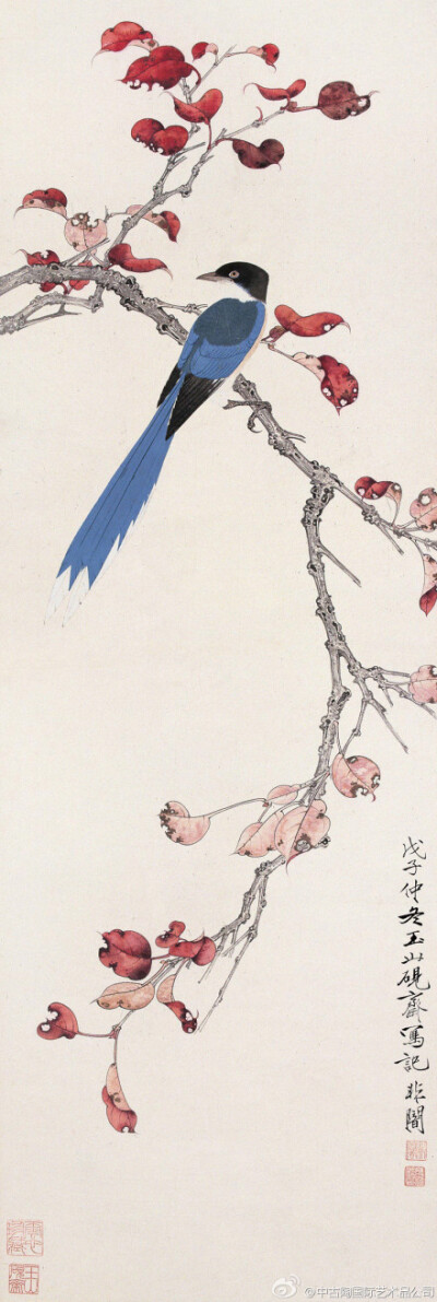 于非闇《红叶栖禽》立轴，1948年作 材质、形制：设色纸本 尺寸：112×38cm