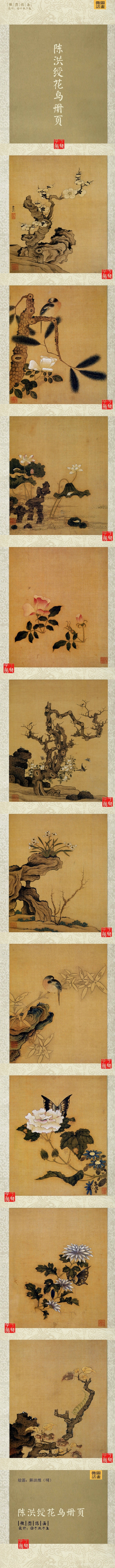  【陈洪绶《花鸟册页》】此册笔势形体已从方折转为圆劲，粗放之笔亦潮趋内练。画面用笔凝重、敷色朴茂、迹近夸张、神情真实，披读久之，益觉奇趣横溢，精妙之处跃然纸上。册页共十开， 设色绢本 ，尺寸：28.5×23cm。款识：洪绶。钤有宝藏、少其、蛟川马氏珍藏、汉庐心赏、稚柳居士等多枚鉴藏印。