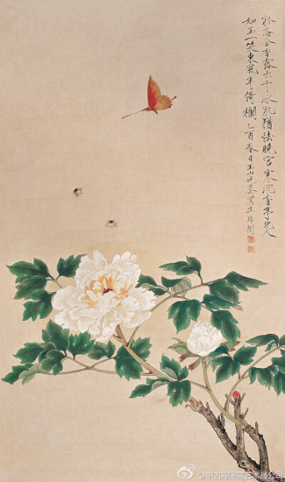 于非闇《白牡丹》立轴，1945年作 材质、形制：设色纸本 尺寸：85×50cm