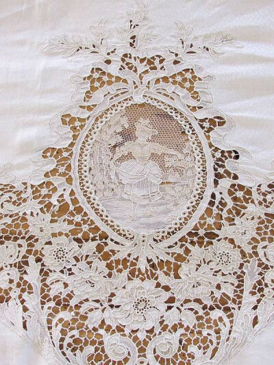 Magnificent Huge Belgium Zele Needle Lace Figural Antique Tablecloth