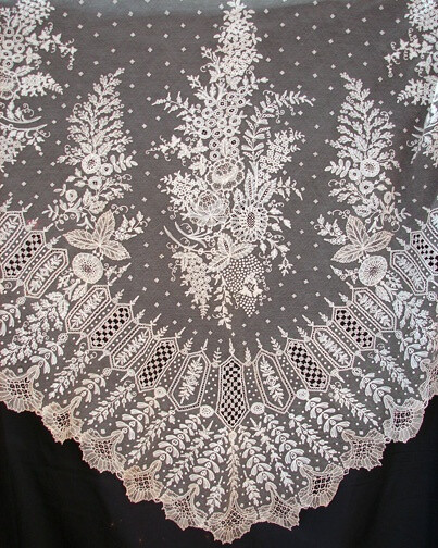 Superb 19th C. Brussels Lace Triangular Shawl