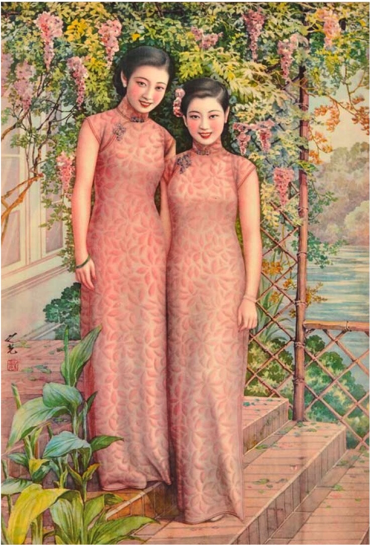 Shanghai, 1930s art deco poster of two women wearing matching qipao/cheongsam.