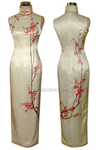 舞会旗袍，象牙色中国画的纯silk.Fine品质的手工旗袍。 传统的旗袍样式。