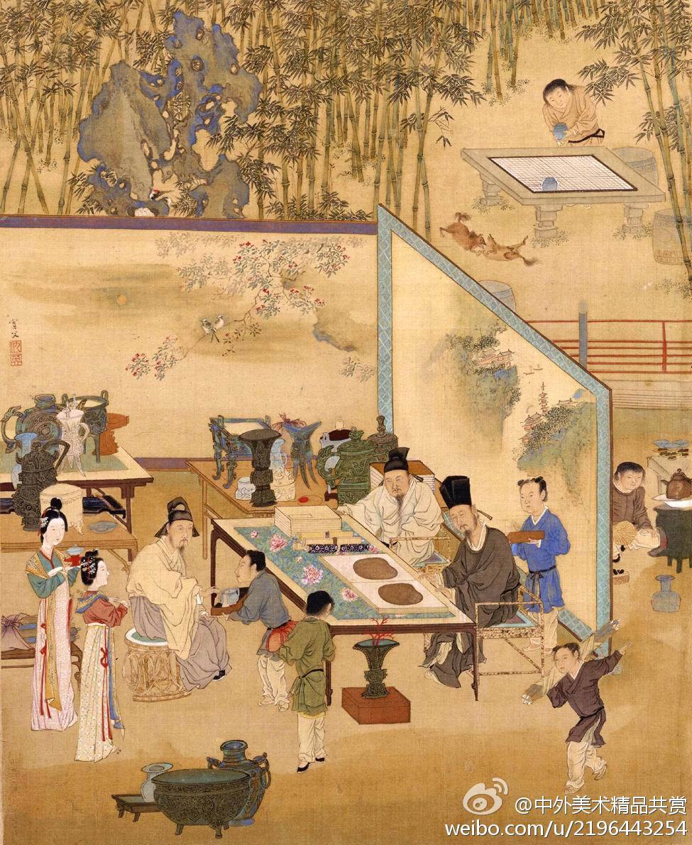 仇英《人物故事圖冊》——全冊共十開，每開縱41.4釐米，橫33.8釐米；內容取材於歷史故事、寓言傳說、文人軼事和詩文寓意；這些題材歷史上常被畫家描繪，但仇英在立意、形象塑造和筆墨表現等方面，都注入了自己的才思和技巧，顯示出鮮明的個性風格；作品雅俗共賞，是仇英對唐宋工筆重彩法的創新和發展。