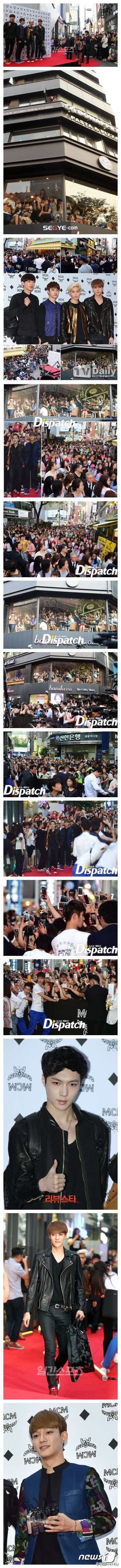 【dispatch】26日下午明洞MCM SPACE周围水泄不通,而原因就是EXO.当天举行的'MCM CUTE MONSTER PARTY'迎来了EXO成员suho、灿烈、世勋、D.O、lay的参加.fans为了一睹偶像风采纷纷涌向街头.