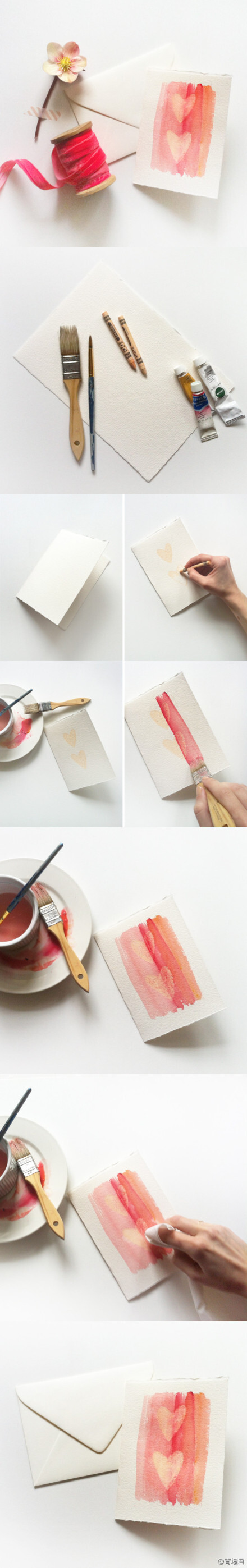 #DIY WAX RESIST WATERCOLOR CARDS#水彩卡，先用蜡笔画个心，再刷水彩颜色，融合得还挺不错。——刚从手作世界里爬出，赶紧随意来更一发（喂，啊哈哈~其实连着两晚我扒拉了俩新坑，还都和水彩有关，抹把脸，这不逼着我自学水彩嘛！两个坑都超级带感（鸡血起，可惜木图片，回头我做好了给你们看，棒！