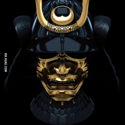 A Gold trimmed black Samurai mask.