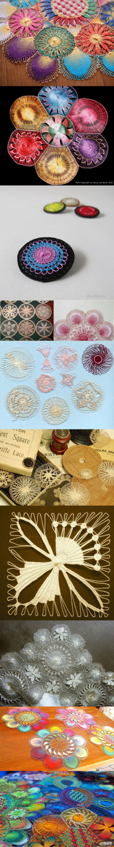 又逮到一个觅名中的手工：#Teneriffe Lace#，1930s-40s还被叫做Polka Spider Web Lace，是一种径向线程编织，表现方式繁多。其实和花叉#Hairpin Lace#效果有点类似，也和编花器#Small Looms#制作方法差不多，又和我…