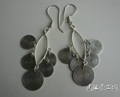 泰国泰银清迈素银手工坊925螺纹旋涡状圆盘银片做旧手工女式耳环