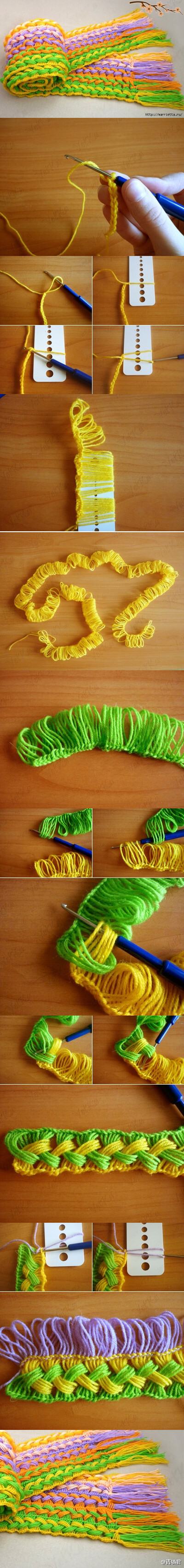 #简易围巾#用宽纸板来钩，其实就是花叉钩织，极易上手，换成马海毛钩蓬松点会很好看。