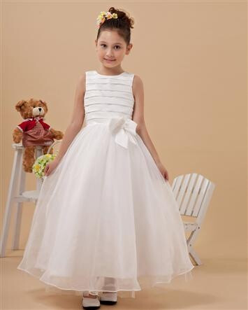 Round Neck Bowknot Yarn Ankle Length Flower Girl Dress