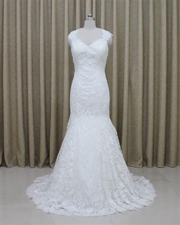 Beading V Neck Chapel Train Satin Lace Sheath Wedding Dress