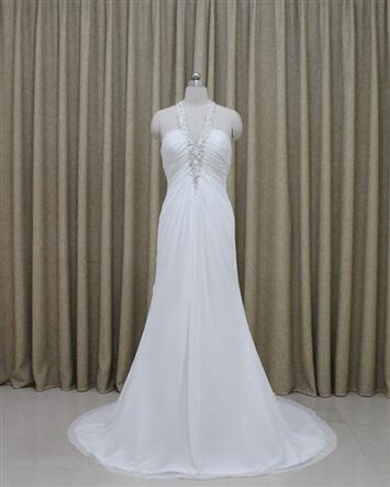 V Neck Floor Length Court Train Ruffle Beading Applique Chiffon Empire Wedding Dress