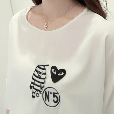 2014新款气质可爱雪纺印花瘦身圆领中袖气质时尚短袖潮