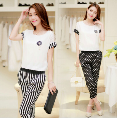 2014夏装新款时尚气质雪纺修身波点休闲套装七分裤女