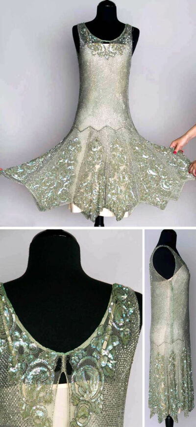 Beaded and sequined dance dress, 1920s. Seafoam green, silver bugle bead lattice pattern with iridescent sequined roses at neckline hem.