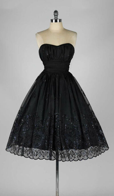 ~Vintage 1950s Black Chiffon Glitter Flocked Dress~