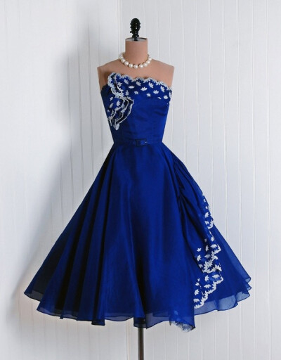 1950's Royal-Blue Embroidered Strapless Party Dress