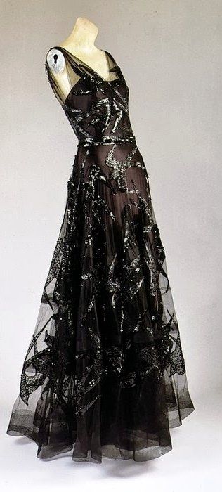 ~Madeleine Vionnet dress - 1938 - Black silk satin and black silk net embroidered with black sequins~ The Metropolitan Museum of Art