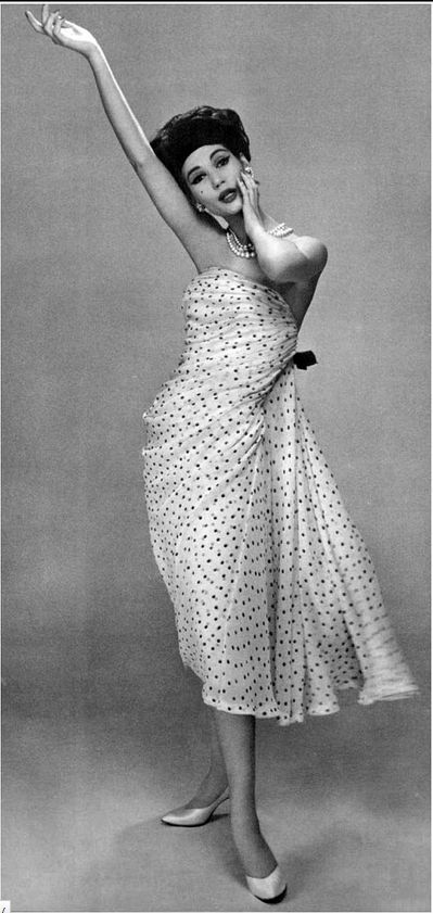 ~Simone in fabulous cocktail dress of polka-dotted chiffon by Balmain 1958~