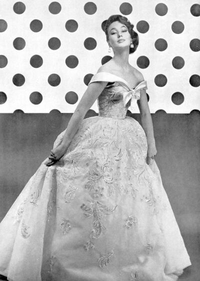 ~Lena Madsen in white tulle evening gown embroidered in silver (by Brivet) with satin shoulder straps that tie in bow by Jacques Fath, 1954~