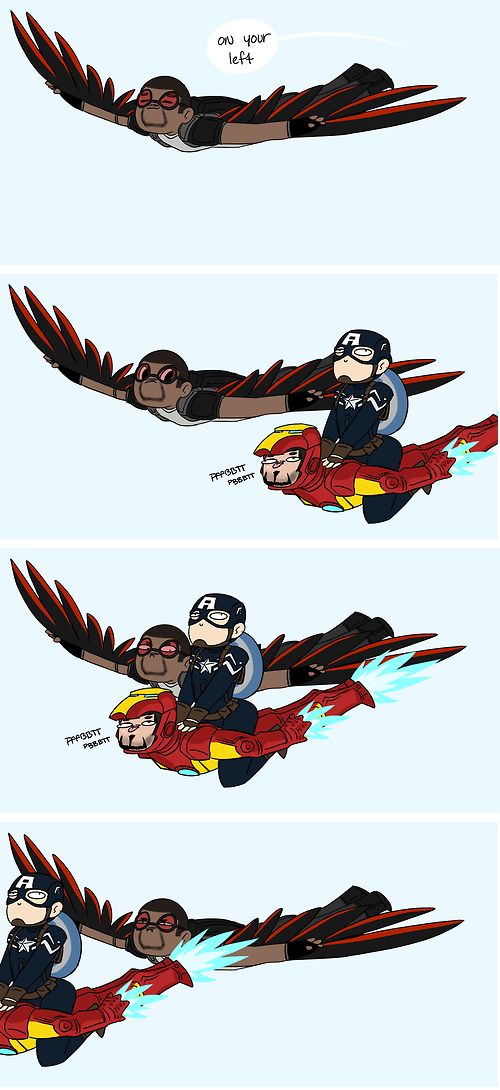 Captain America enlists Iron Man's help to really drive Falcon insane. (Vague Captain America: Winter Soldier spoilers)