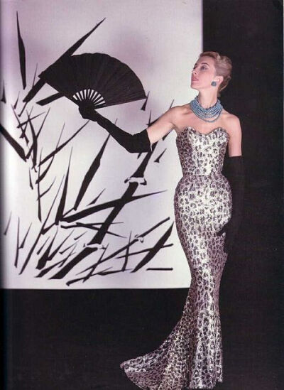 Balmain, beaded leopard print evening gown, 1953