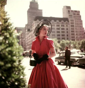 Model on the sidewalk in mid-town Manhattan, photo by Arthur Rothstein, 1952