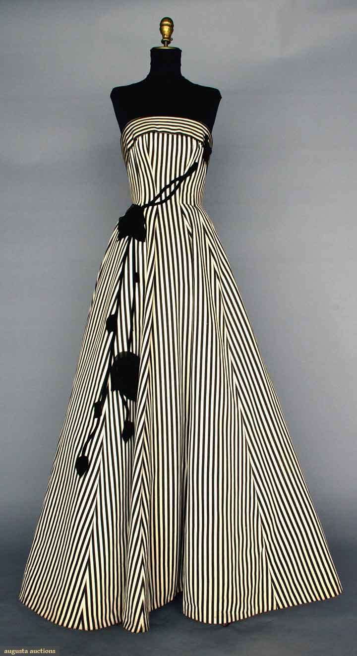 ~BLACK &amp;amp; WHITE BALLGOWN, 1950s~ Silk faille in black &amp;amp; white stripes, strapless, princess seams, full skirt, black velvet &amp;amp; chiffon trailing rose trim. Front