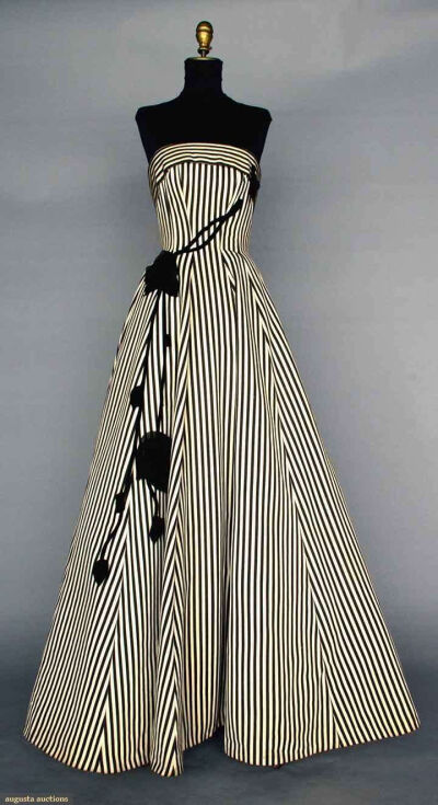 ~BLACK &amp;amp; WHITE BALLGOWN, 1950s~ Silk faille in black &amp;amp; white stripes, strapless, princess seams, full skirt, black velvet &amp;amp; chiffon trailing rose trim. Front