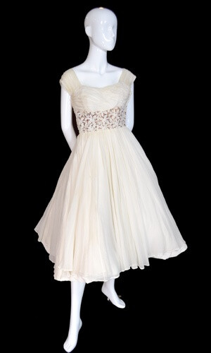 ~Ceil Chapman 1950s silk ivory chiffon party dress with lace and rhinestones~