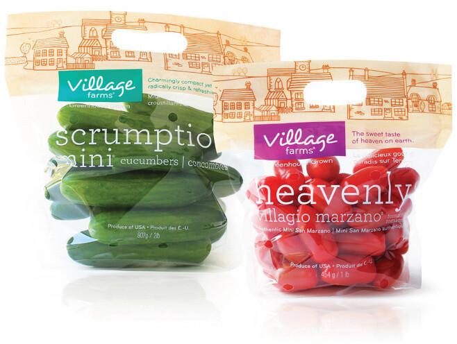 Village Farms 标志设计及包装设计。Village Farms是一家主要从事温室蔬果种植和销售的农产品公司，在美国各地生产高品质的水培蔬果包括西红柿、辣椒、黄瓜等。