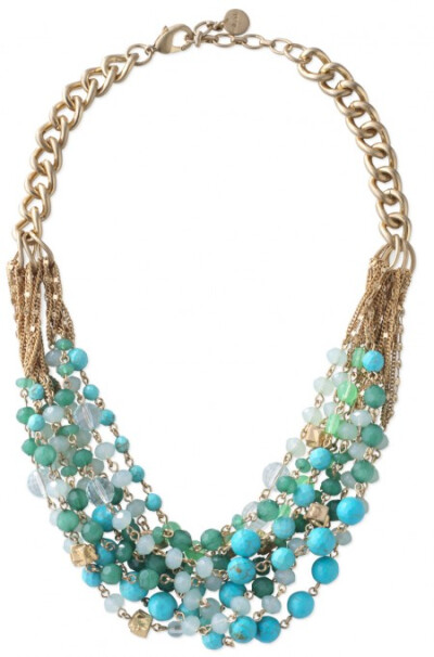 Maldives Necklace with green &amp;amp; golden beads from Stella &amp;amp; Dot. Photo of beaded necklace &amp;amp; gold-plated chain.