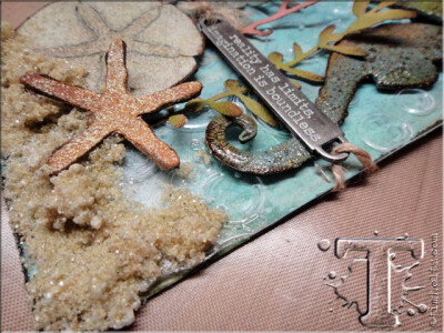 *the details: i just love the finished textured look of this tag between the crackled seahorse, the embossed plastic bubble layer, the paper and grungeboard elements, and of course the “sand”. this…