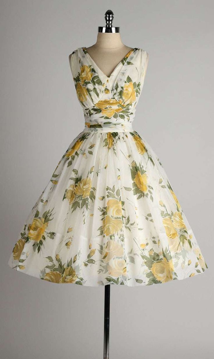 Vintage 1950's White Chiffon Yellow Roses Cocktail Dress