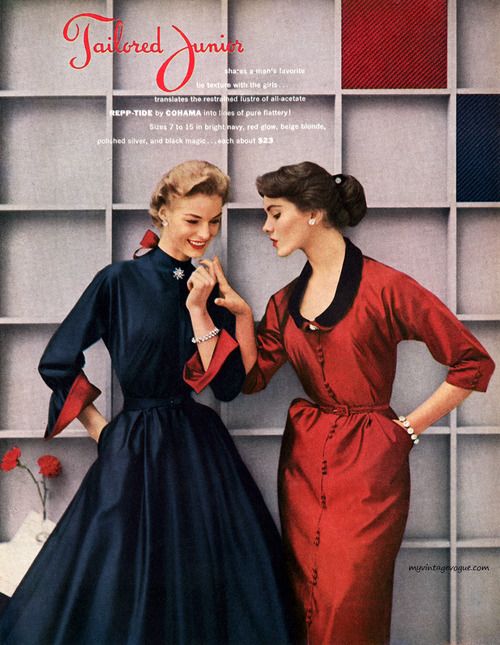 Elegant navy blue and ruby red dresses from Tailored Junior, 1952.