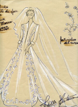 1952 - Bozzetto per l’abito da sposa Donna Gioia Marconi