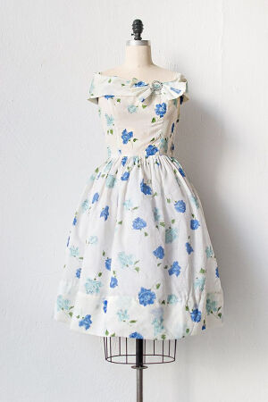 ~1950s white blue floral party dress~