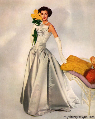 ~silver satin evening gown. &amp;quot;Modess&amp;quot; 1959~