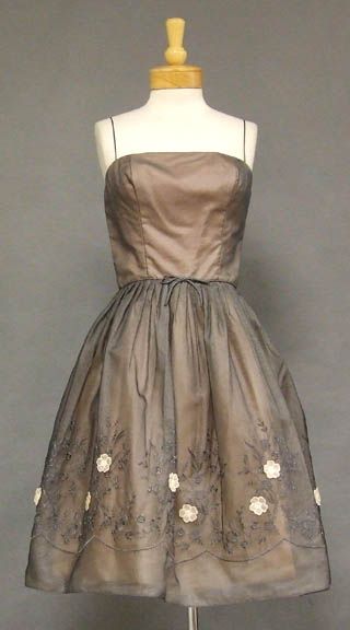 ~A terrific 1950's cocktail ensemble in charcoal organdy backed in pink organdy and lined in pink acetate. Dress has a fitted bodice with spa...~