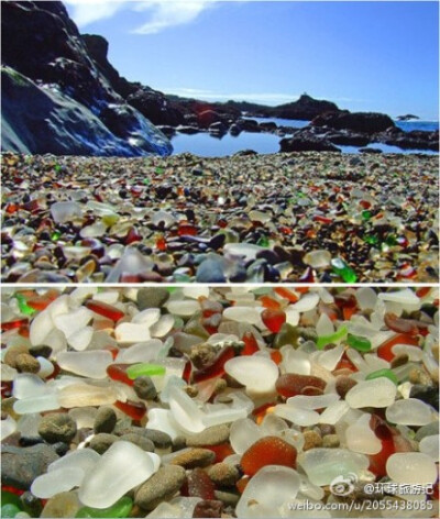  世界上最闪亮的海滩——玻璃海滩。位于美国加州布拉格堡，整个海滩竟然是由的玻璃组成的，五彩斑斓，让人眼花缭乱。遗留在海滩上数吨的玻璃经过太平洋多年的冲刷，形成了今天我们看到的独特风景。 爱旅游就关注