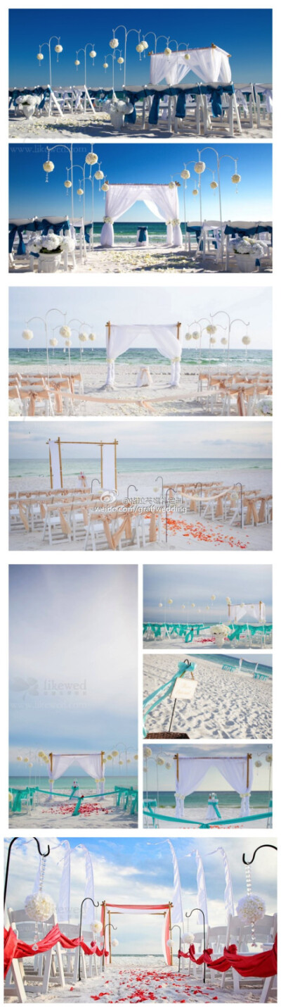 #格拉芙婚礼素材欣赏# 一些清新、简洁风格的海滩婚礼仪式场地布置