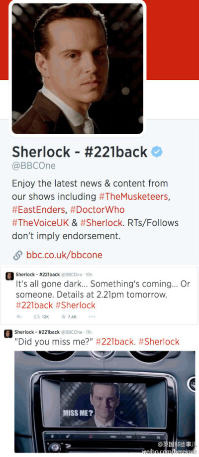 神夏4.. Moriarty要回归了？ 前面BBC1把他们的官方推特改成了 【Sherlock - #221back】还全部改成了莫娘MISS ME的头像！ 连发两条表示今天英国时间下午2：21会有重大消息发布... (国内今晚9：21) 这是宣布第四季。。…