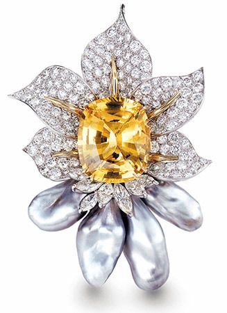 Donna Vock Designs A magnificent yellow sapphire brooch comprising of, diamonds &amp;amp; natural color Tahitian Keshi pearls, mounted in platinum and 18 karat yellow gold with yellow sapphire = 24.58 carats total weight and marquise and rounds diamonds = 10.