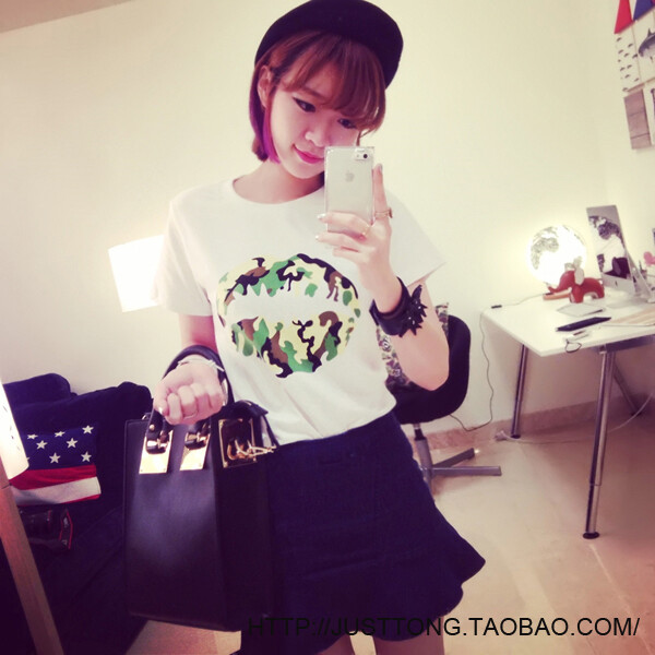 蘑菇街女装2014夏装新款阿Sa激似款港女迷彩短袖t恤姐妹装闺蜜装