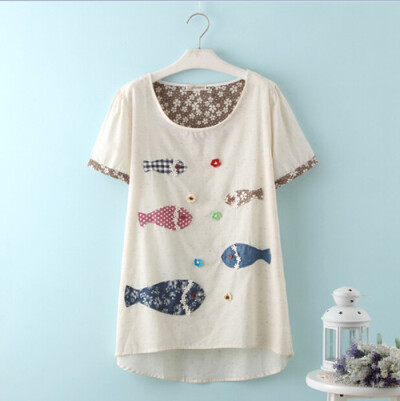 森女系女装日式清新 文艺贴布多鱼撞色长款热款 碎花圆领连衣裙-