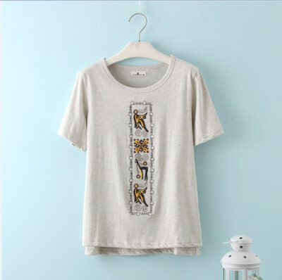 日系小清新印象刺绣精致古典印花纯棉短袖圆领女式上衣t恤