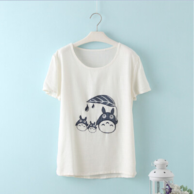 日系小清新贴布刺绣垂感白色棉麻上衣t恤女短袖夏